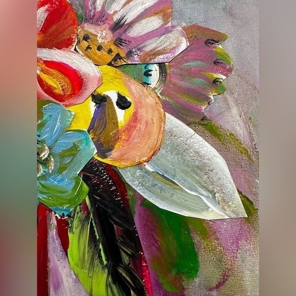 Original Art Painting Mixed Media Acrylic Collage on Canvas Board Red Floral - Picture 7 of 12